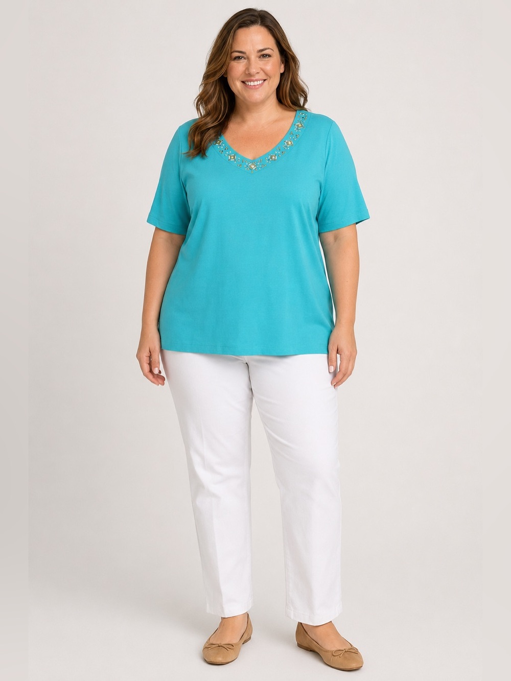 Karen Scott Women’s Teal Gem Embellished V-Neck Top Size 1X